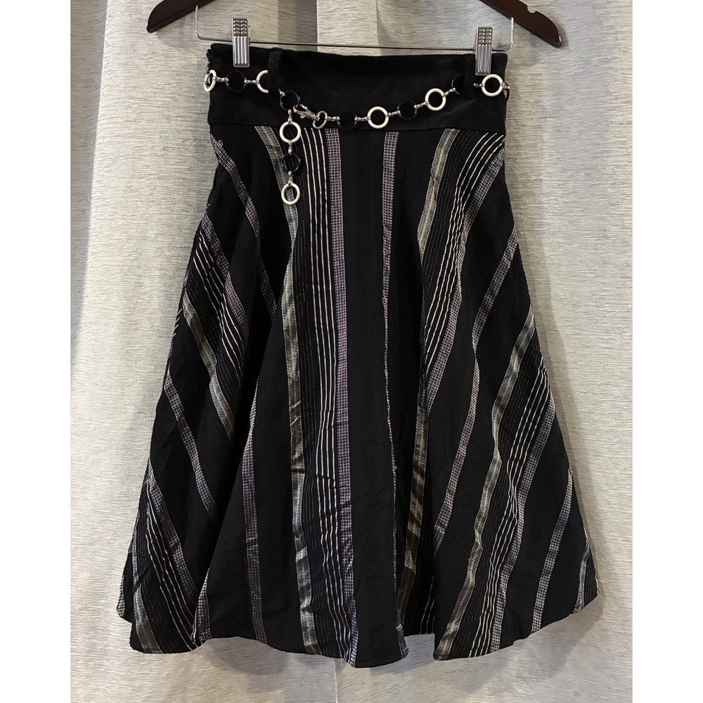 Vintage Style A Line‎ Midi Skirt Black And Silver Festival Rave Size 12 Belted